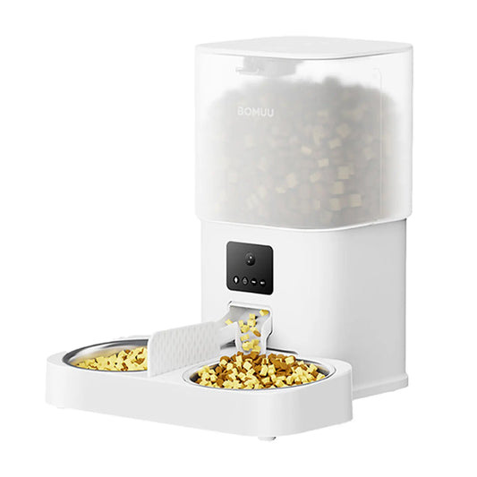 BOMUU Automatic Pet Feeder, Dual Stainless Steel Bowls,1080P HD Camera, APP Remote Feeding, 2.4G Wifi, Timed & Portion Control, Two-Way Audio, 10S Voice Record, 8 Meals per Day, Food Dispenser for Cats & Dogs, 6L Large Capacity