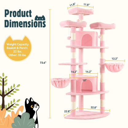 HOOMIC 73-Inch Fan-Shaped Corner Cat Tree, Space-Saving Multi-Level Tower with Cozy Condos, Perches, Baskets & Sisal Scratching Posts – Indoor Cat Activity Center#Mothersdaygift