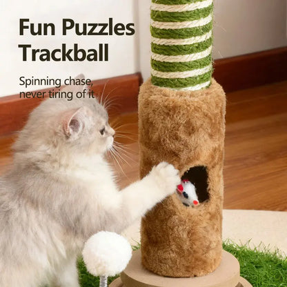 Cat Scratching Post 39'' with Artificial Plant - 4-In-1 Interactive Cat Tree Tower- Kitten Scratcher with Toy Balls & Dangling Ball - Indoor Cat Scratching Post with Ball - Sisal Rope - Post Tower - Modern Pet Furniture