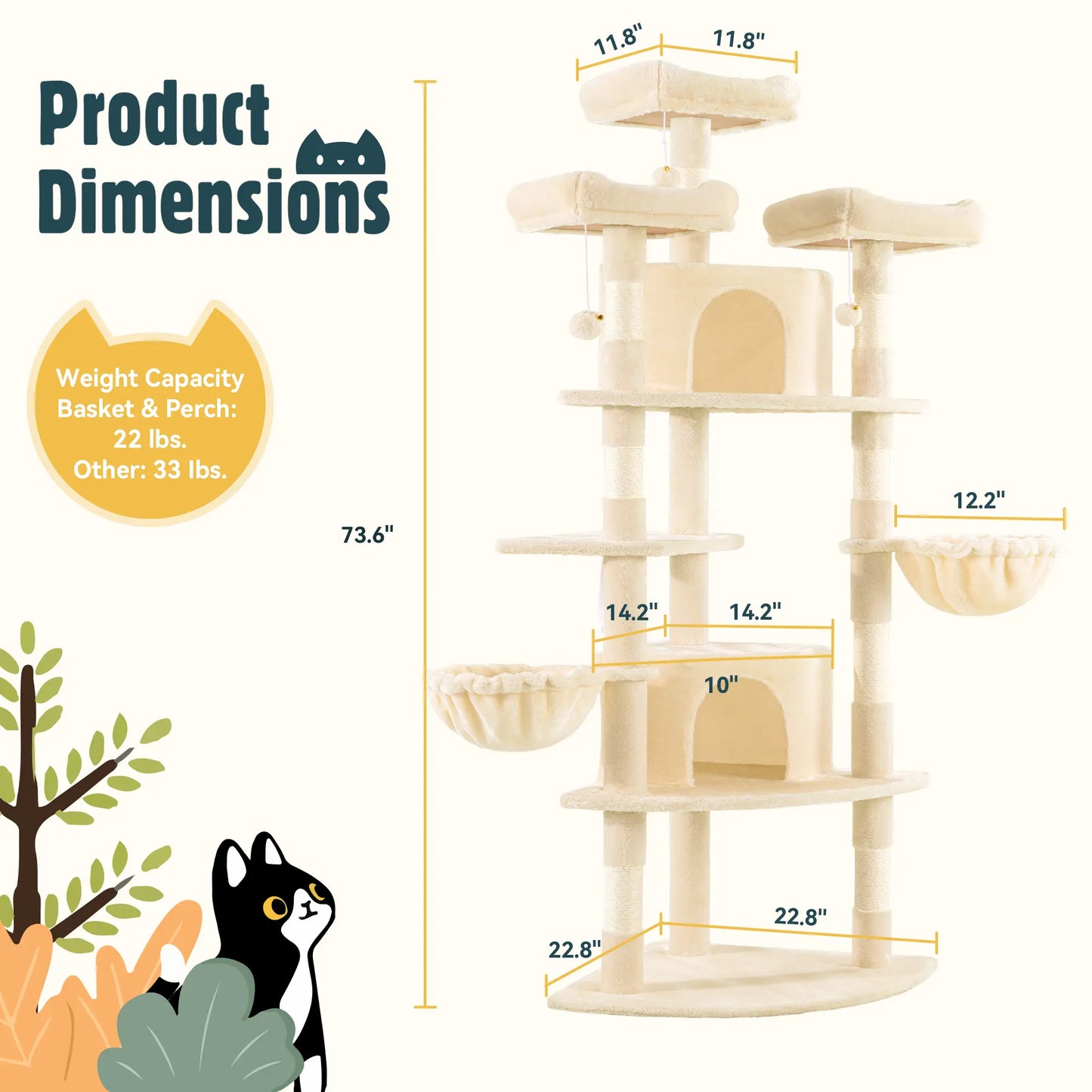 HOOMIC 73-Inch Fan-Shaped Corner Cat Tree, Space-Saving Multi-Level Tower with Cozy Condos, Perches, Baskets & Sisal Scratching Posts – Indoor Cat Activity Center#Mothersdaygift