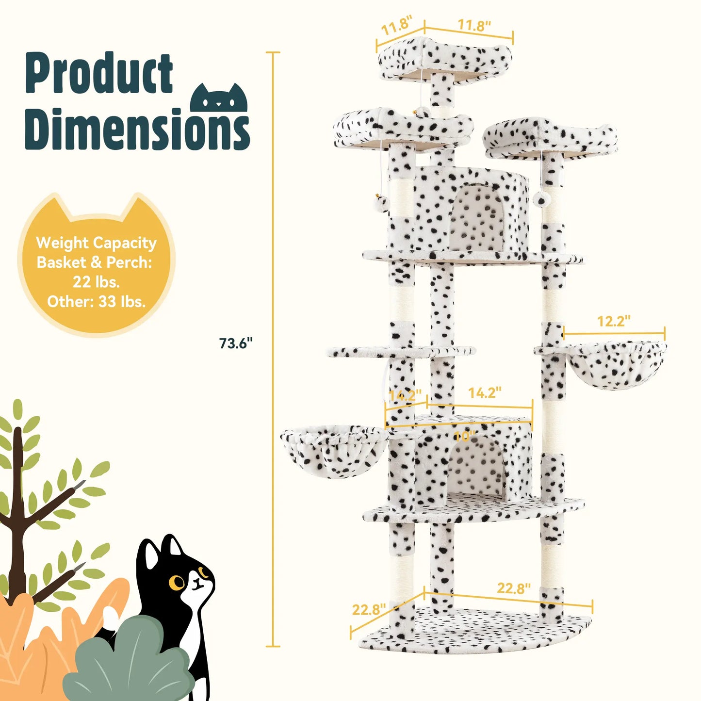 HOOMIC 73-Inch Fan-Shaped Corner Cat Tree, Space-Saving Multi-Level Tower with Cozy Condos, Perches, Baskets & Sisal Scratching Posts – Indoor Cat Activity Center#Mothersdaygift