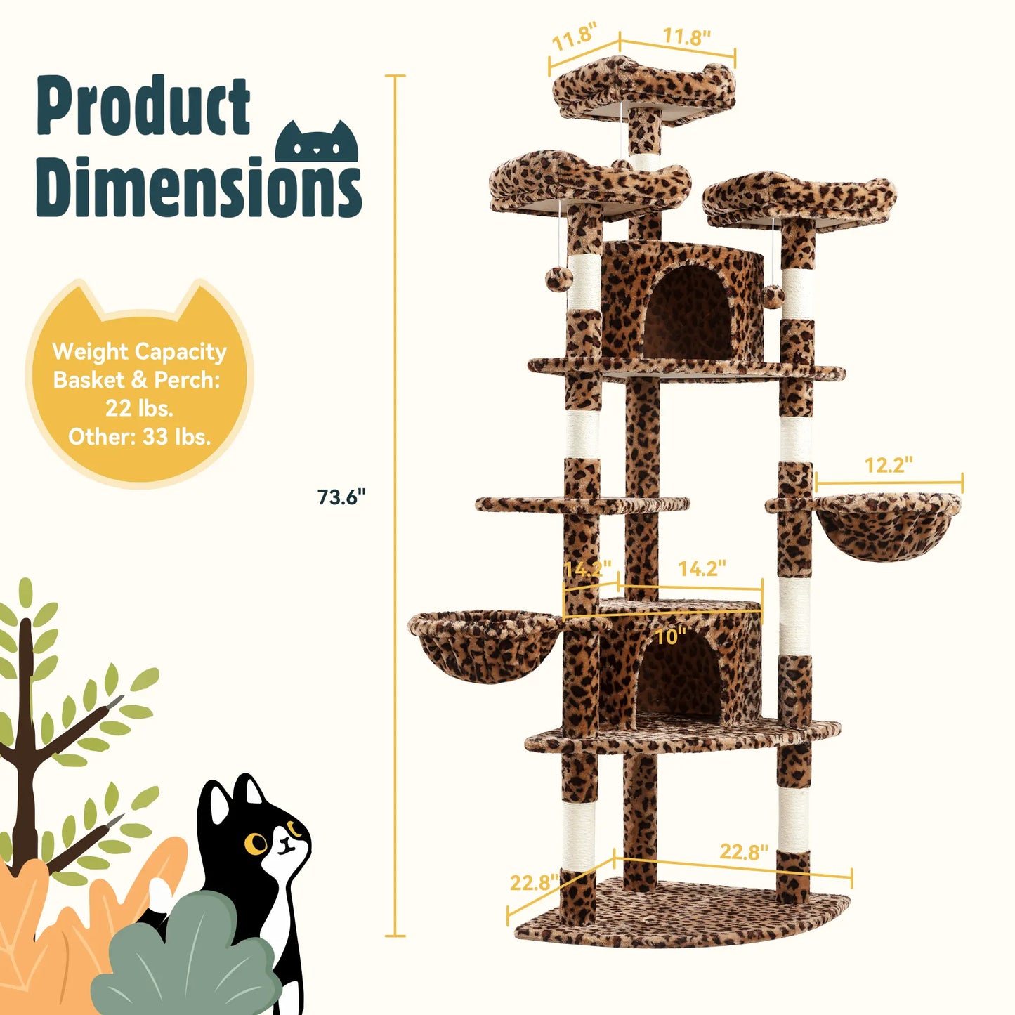 HOOMIC 73-Inch Fan-Shaped Corner Cat Tree, Space-Saving Multi-Level Tower with Cozy Condos, Perches, Baskets & Sisal Scratching Posts – Indoor Cat Activity Center#Mothersdaygift