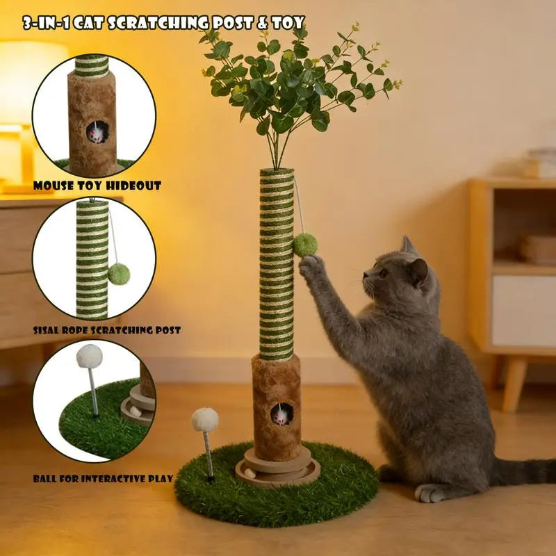 Cat Scratching Post 39'' with Artificial Plant - 4-In-1 Interactive Cat Tree Tower- Kitten Scratcher with Toy Balls & Dangling Ball - Indoor Cat Scratching Post with Ball - Sisal Rope - Post Tower - Modern Pet Furniture
