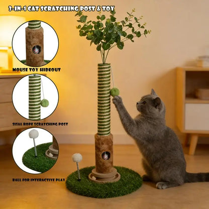 Cat Scratching Post 39'' with Artificial Plant - 4-In-1 Interactive Cat Tree Tower- Kitten Scratcher with Toy Balls & Dangling Ball - Indoor Cat Scratching Post with Ball - Sisal Rope - Post Tower - Modern Pet Furniture
