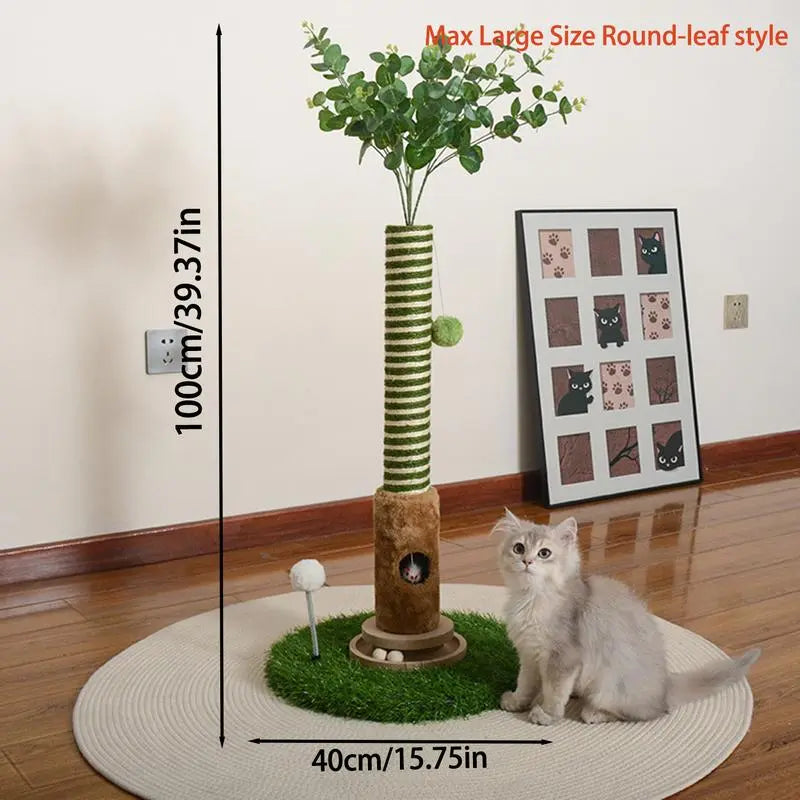 Cat Scratching Post 39'' with Artificial Plant - 4-In-1 Interactive Cat Tree Tower- Kitten Scratcher with Toy Balls & Dangling Ball - Indoor Cat Scratching Post with Ball - Sisal Rope - Post Tower - Modern Pet Furniture