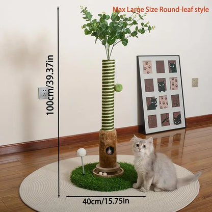 Cat Scratching Post 39'' with Artificial Plant - 4-In-1 Interactive Cat Tree Tower- Kitten Scratcher with Toy Balls & Dangling Ball - Indoor Cat Scratching Post with Ball - Sisal Rope - Post Tower - Modern Pet Furniture
