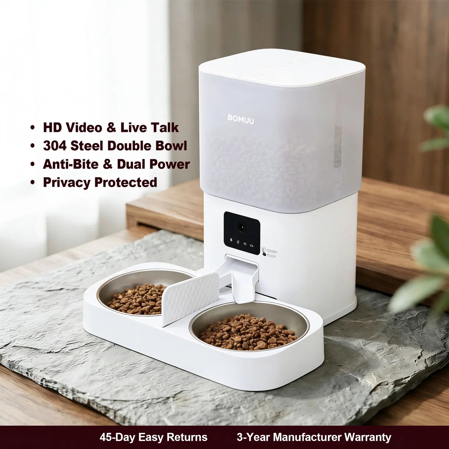 BOMUU Automatic Pet Feeder, Dual Stainless Steel Bowls,1080P HD Camera, APP Remote Feeding, 2.4G Wifi, Timed & Portion Control, Two-Way Audio, 10S Voice Record, 8 Meals per Day, Food Dispenser for Cats & Dogs, 6L Large Capacity