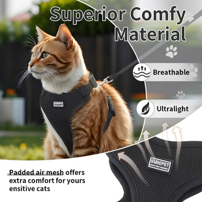 Cat Leash and Walking Lead, Adjustable Soft Harness Vest Anti-Escape for Cats, Easy Control Jacket with Reflective Strips and Breathable Design, Adjustable Safety Harness