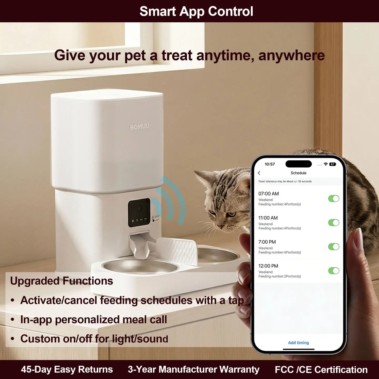 BOMUU Automatic Pet Feeder, Dual Stainless Steel Bowls,1080P HD Camera, APP Remote Feeding, 2.4G Wifi, Timed & Portion Control, Two-Way Audio, 10S Voice Record, 8 Meals per Day, Food Dispenser for Cats & Dogs, 6L Large Capacity