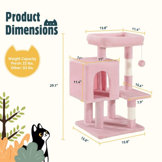 HOOMIC 29-Inch Cat Tree Tower with Large Perch, Cozy Condo & Sisal Scratching Posts. Multi-Level Activity Center for Indoor Cats, Space-Saving Stable Pet Furniture in Pink/Beige/Dark Blue/Grey#Mothersdaygift