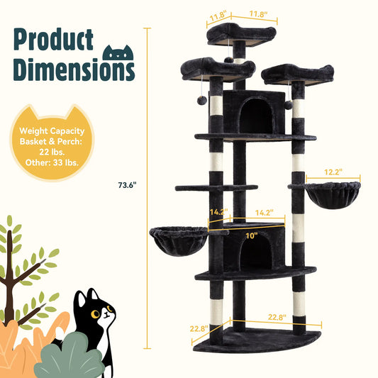 HOOMIC 73-Inch Fan-Shaped Corner Cat Tree, Space-Saving Multi-Level Tower with Cozy Condos, Perches, Baskets & Sisal Scratching Posts – Indoor Cat Activity Center#Mothersdaygift