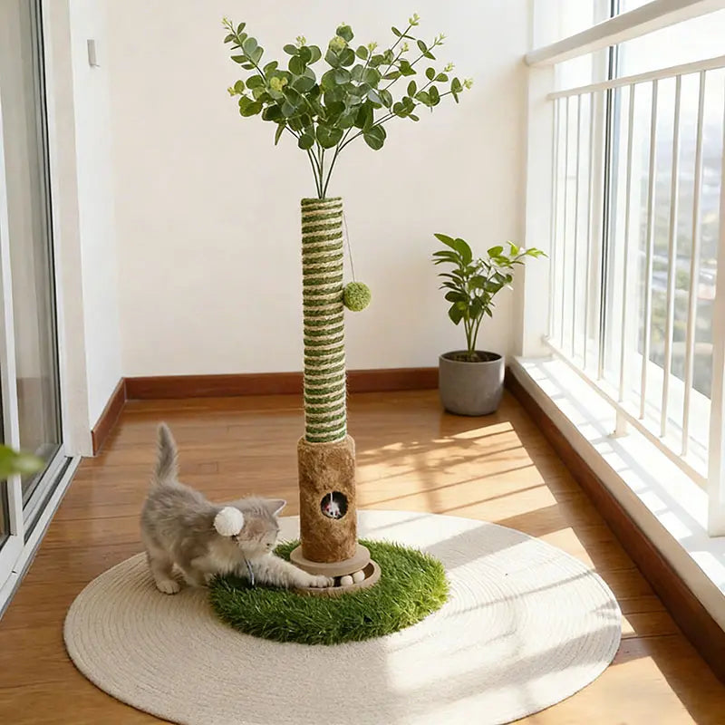 Cat Scratching Post 39'' with Artificial Plant - 4-In-1 Interactive Cat Tree Tower- Kitten Scratcher with Toy Balls & Dangling Ball - Indoor Cat Scratching Post with Ball - Sisal Rope - Post Tower - Modern Pet Furniture