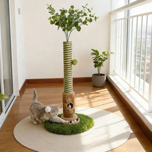 Cat Scratching Post 39'' with Artificial Plant - 4-In-1 Interactive Cat Tree Tower- Kitten Scratcher with Toy Balls & Dangling Ball - Indoor Cat Scratching Post with Ball - Sisal Rope - Post Tower - Modern Pet Furniture