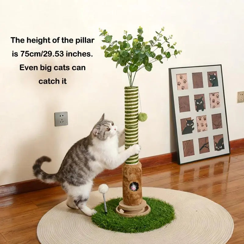 Cat Scratching Post 39'' with Artificial Plant - 4-In-1 Interactive Cat Tree Tower- Kitten Scratcher with Toy Balls & Dangling Ball - Indoor Cat Scratching Post with Ball - Sisal Rope - Post Tower - Modern Pet Furniture
