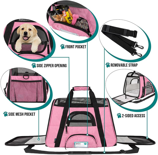 Premium Airline-Approved Soft-Sided Pet Travel Carrier for Small to Medium Cats and Dogs - Ventilated, Comfortable Design with Safety Features (Small, Pink)