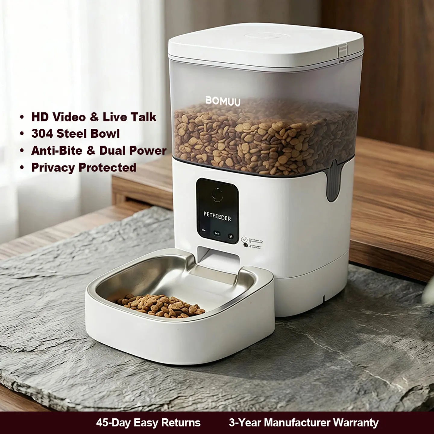 BOMUU Automatic Cat Feeder, 1080P HD Visible Video, APP Remote Feeding, 2.4G Wifi, Timed & Portioned Feeding, Voice Intercom, Programmable Multi-Meal, 8 Daily Meals, 10S Recording, Dry Food Dispenser, Desiccant Bag, for Cats & Dogs, 4L Large Capacity