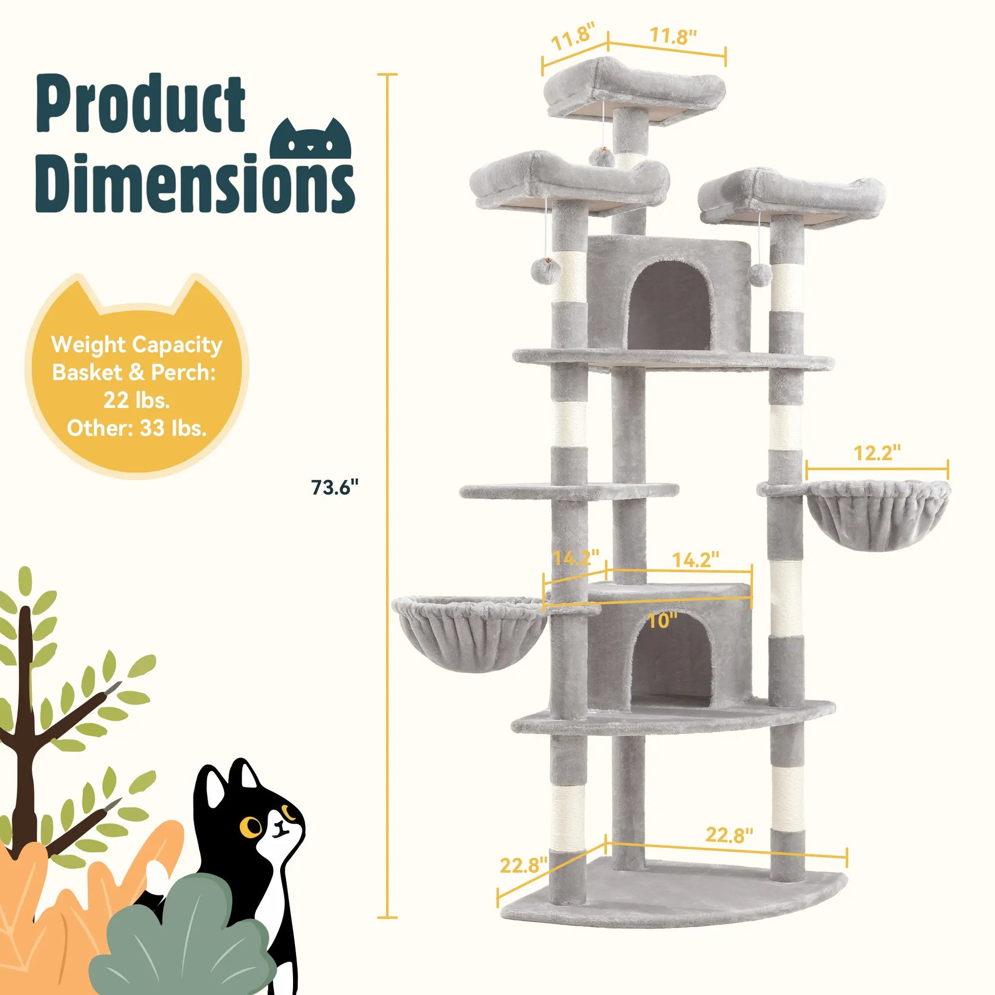 HOOMIC 73-Inch Fan-Shaped Corner Cat Tree, Space-Saving Multi-Level Tower with Cozy Condos, Perches, Baskets & Sisal Scratching Posts – Indoor Cat Activity Center#Mothersdaygift
