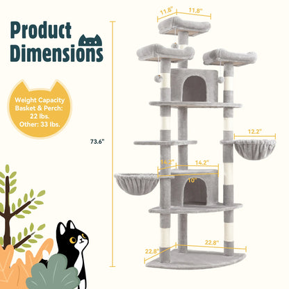 HOOMIC 73-Inch Fan-Shaped Corner Cat Tree, Space-Saving Multi-Level Tower with Cozy Condos, Perches, Baskets & Sisal Scratching Posts – Indoor Cat Activity Center#Mothersdaygift