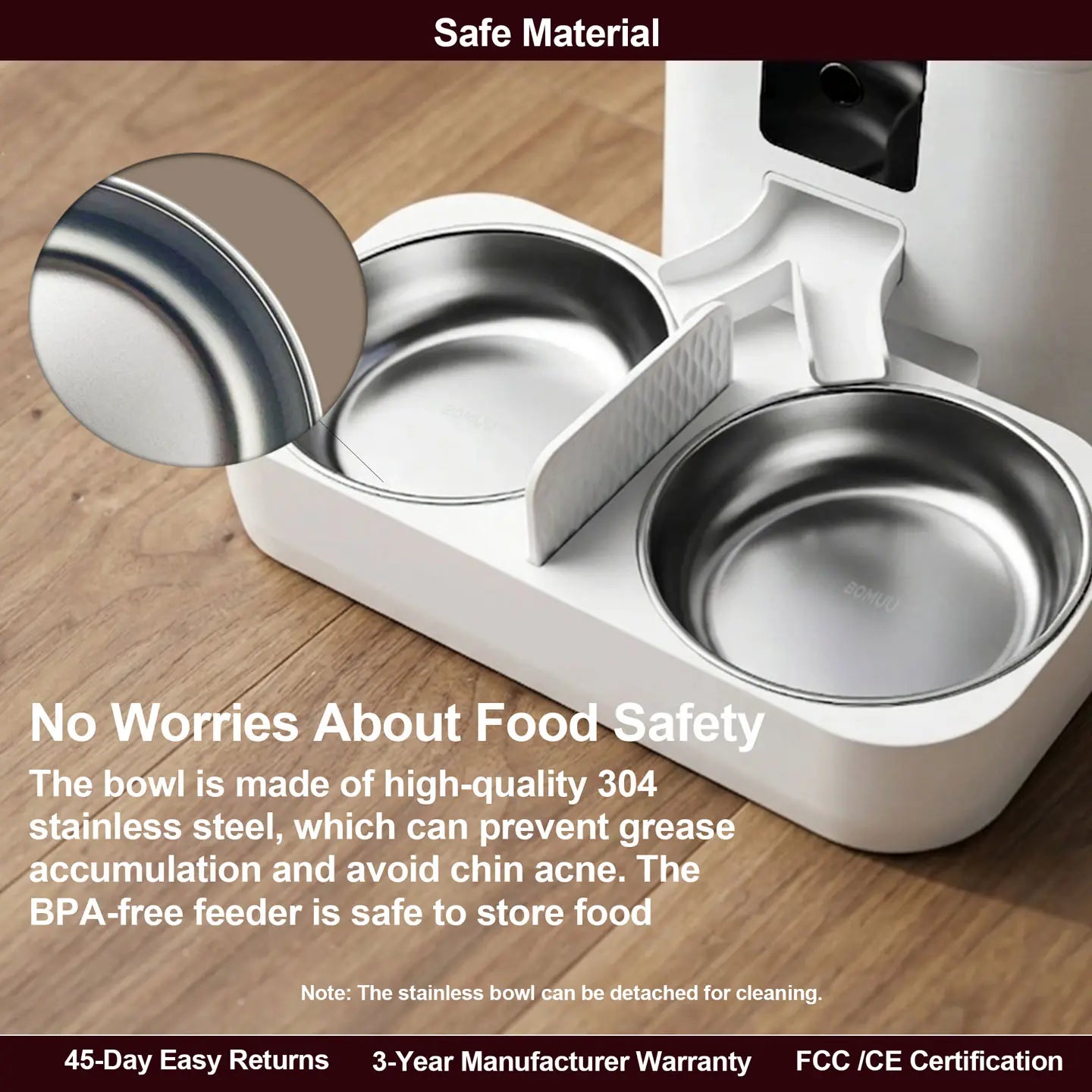 BOMUU Automatic Pet Feeder, Dual Stainless Steel Bowls,1080P HD Camera, APP Remote Feeding, 2.4G Wifi, Timed & Portion Control, Two-Way Audio, 10S Voice Record, 8 Meals per Day, Food Dispenser for Cats & Dogs, 6L Large Capacity