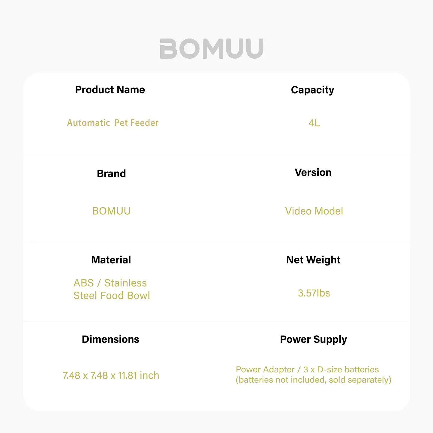 BOMUU Automatic Cat Feeder, 1080P HD Visible Video, APP Remote Feeding, 2.4G Wifi, Timed & Portioned Feeding, Voice Intercom, Programmable Multi-Meal, 8 Daily Meals, 10S Recording, Dry Food Dispenser, Desiccant Bag, for Cats & Dogs, 4L Large Capacity